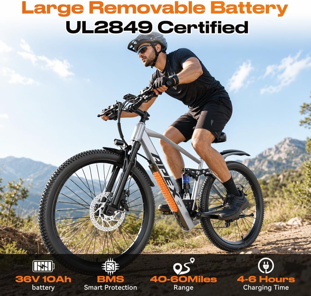Silver All-Terrain Multi-Surface Electric Bike – 1200W Peak Power Commuter E-Bike for Adults (28MPH, Removable 13Ah Lithium Battery, 50-Mile Range, UL 2849 Certified, Trail & Snow Mountain Bicycle)
