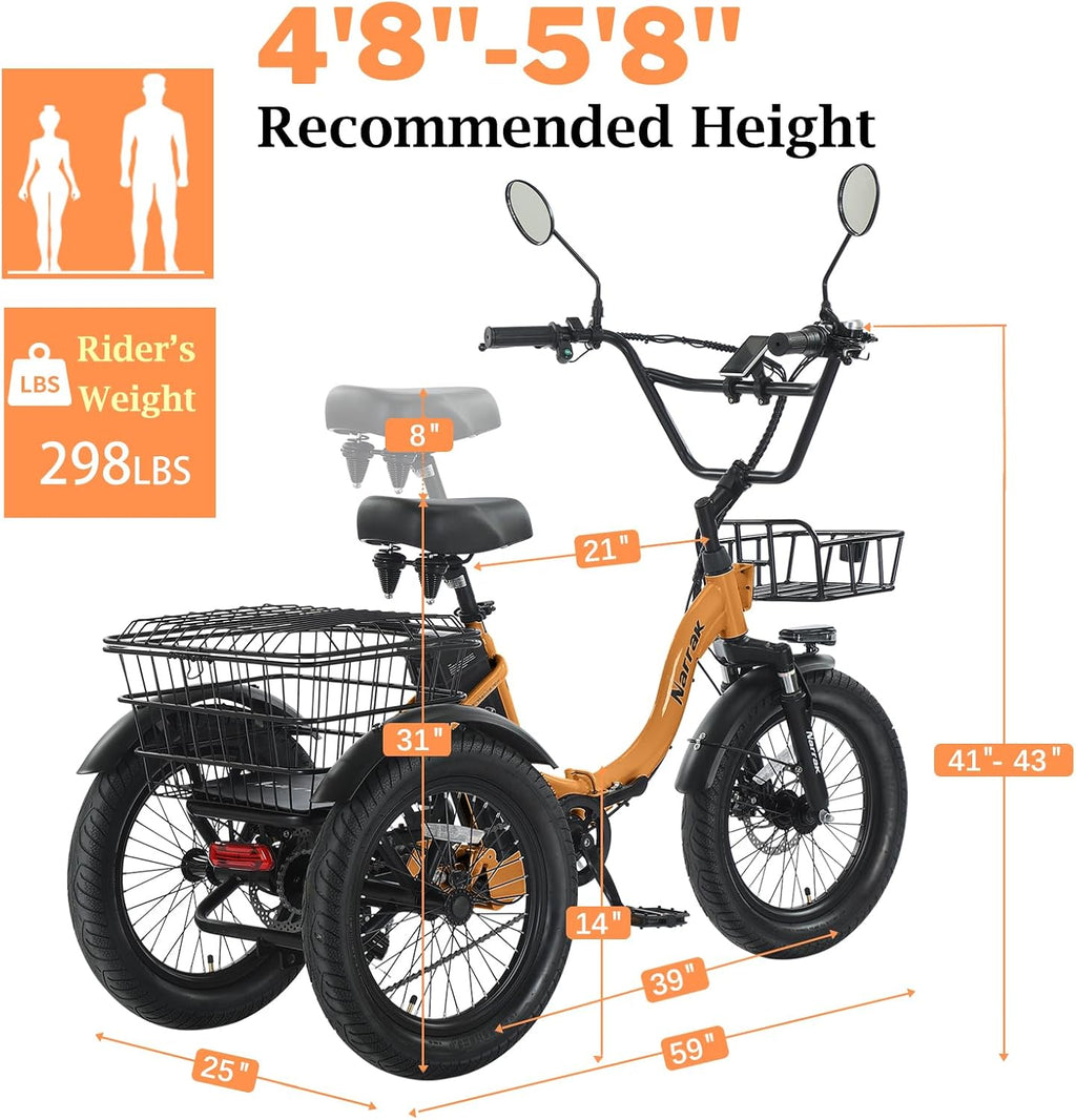 Folding Fat Tire Electric Tricycle for Adults | Peak 700W Step-Thru 3-Wheel E-Trike