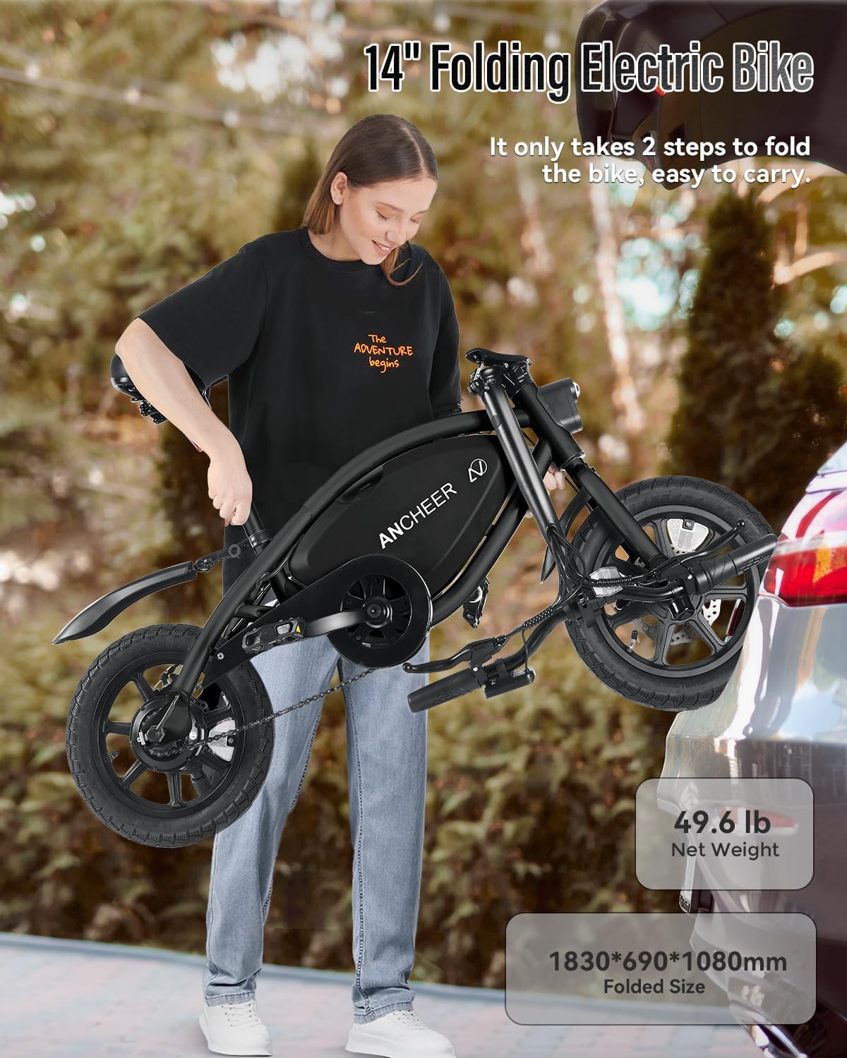 14" Compact Folding Electric Mini Bike for Adults & Teens – 350W (500W Peak) Motor, 48V 374Wh Battery E-Bike