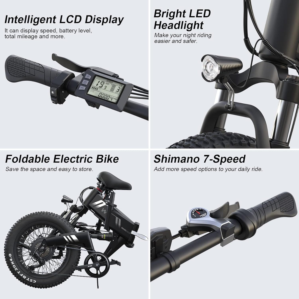 20" Folding Fat Tire Electric Bike for Adults – 1000W Peak Motor, 48V 10Ah Battery, 7-Speed All-Terrain E-Bike
