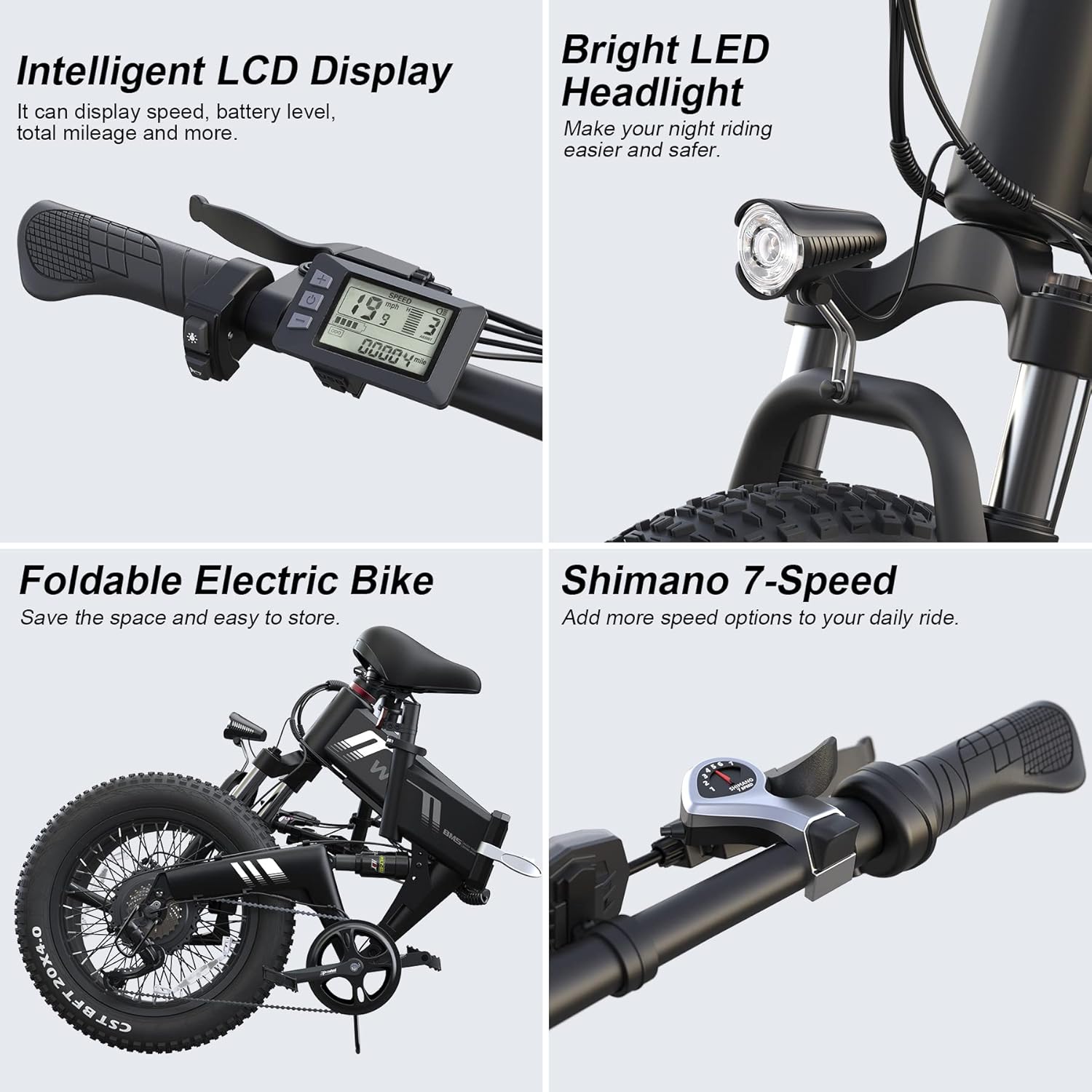 20" Folding Fat Tire Electric Bike for Adults – 1000W Peak Motor, 48V 10Ah Battery, 7-Speed All-Terrain E-Bike