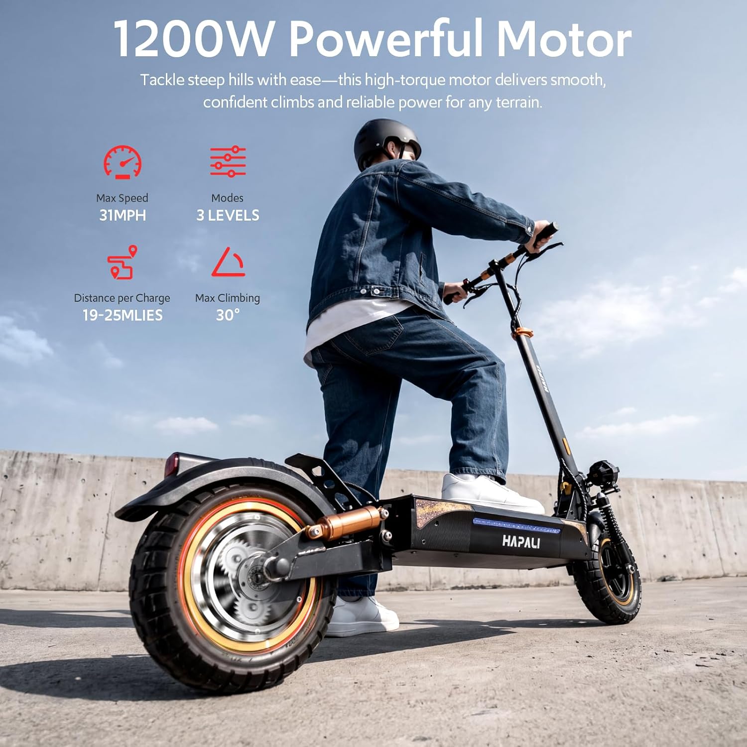 Off Road Electric Scooter, 1200W Motor, 31 MPH, 25-Mile Range, 11" All-Terrain Tires, E-Scooter for Adults with Double Suspension