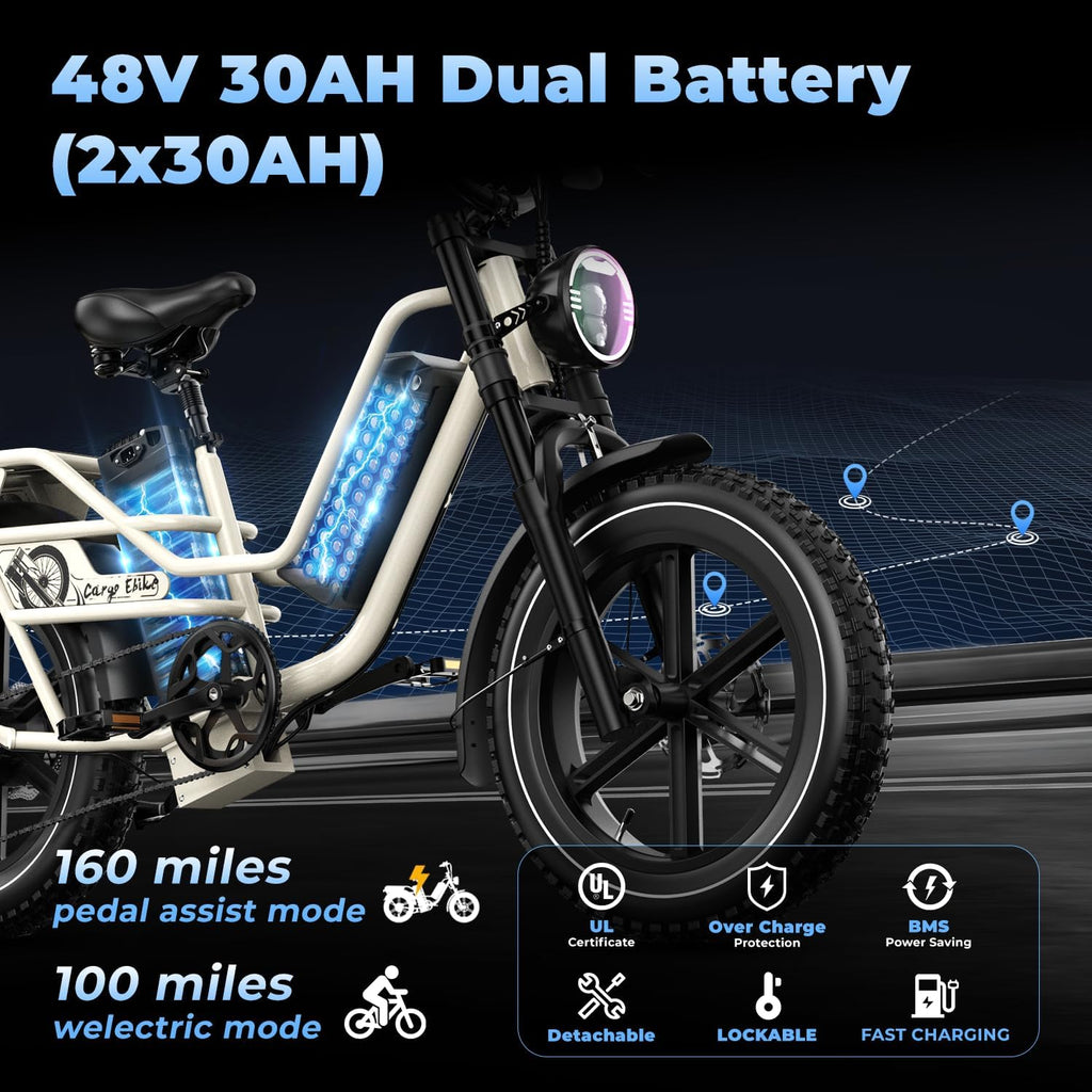 Dual Battery Long Range Cargo Electric Bike for Adults – 48V 60Ah, 1450W Peak Motor, 20" x 4.0" Fat Tire Mountain E-Bike (160 Miles Range, Grey)