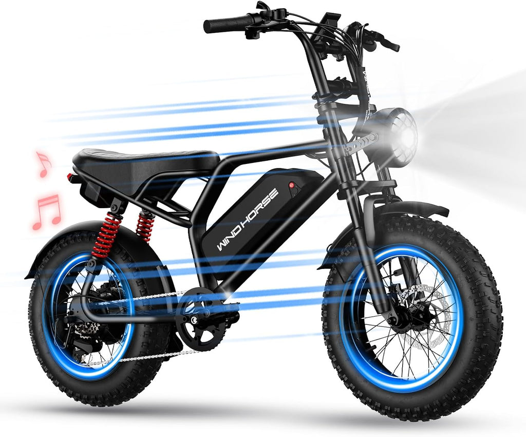 16" Moped-Style Fat Tire Electric Bike for Teens – 1255W Peak Full Suspension Mountain E-Bike with Smart Speaker