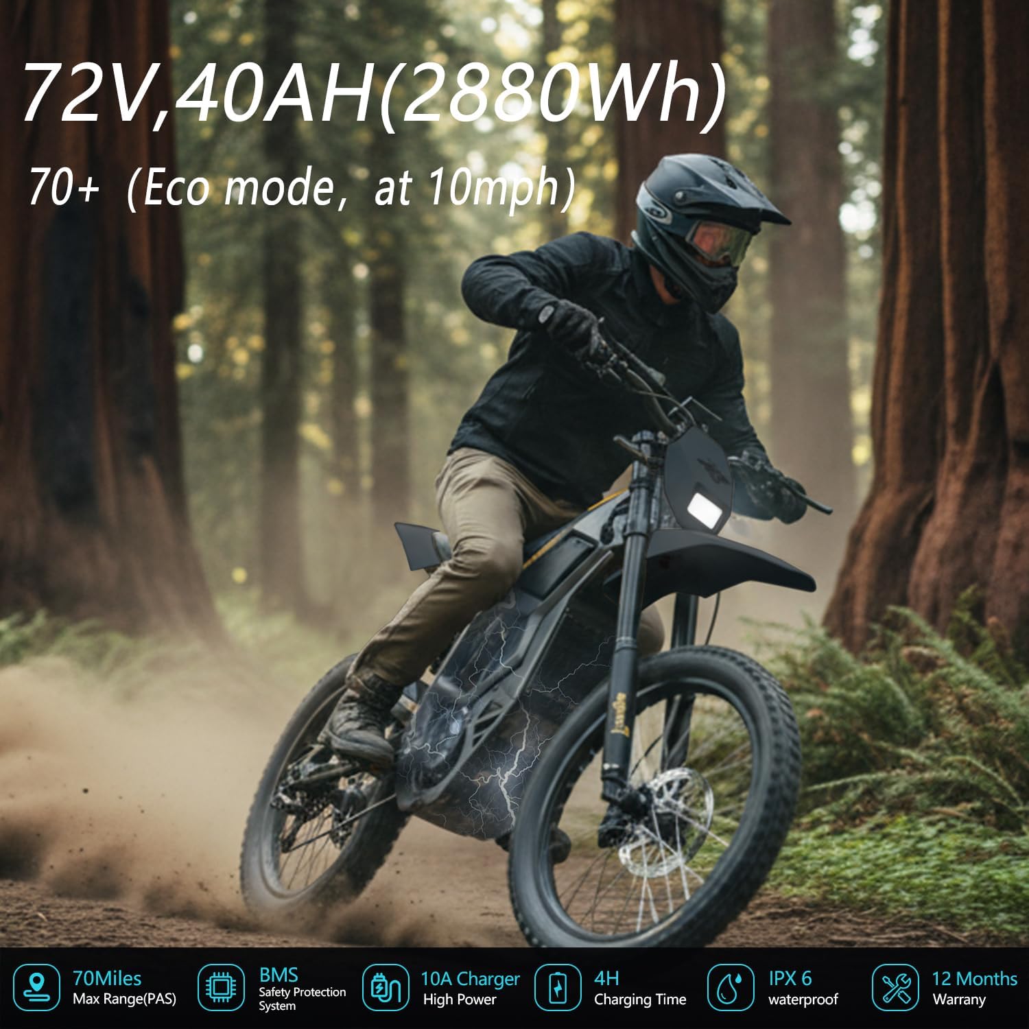 High-Performance Mid-Drive Electric Dirt Bike - 8000W Peak, 53 MPH, 72V 40Ah, All-Terrain Off-Road eMotorcycle