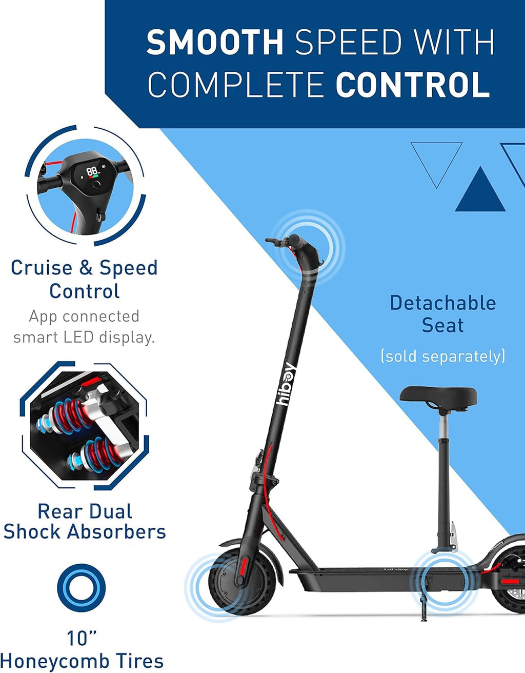Electric Scooter, 500W Motor (750W Peak), 10" Honeycomb Tires, Up to 25 Miles Range, 19 MPH Foldable Electric Scooter for Adults with Hiboy App