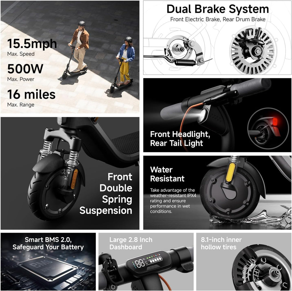 Ninebot E2 Plus II/E2 Pro/E3 Pro Electric Scooter, 15.5–20 MPH, Long Range, Dual Elastomer Suspension