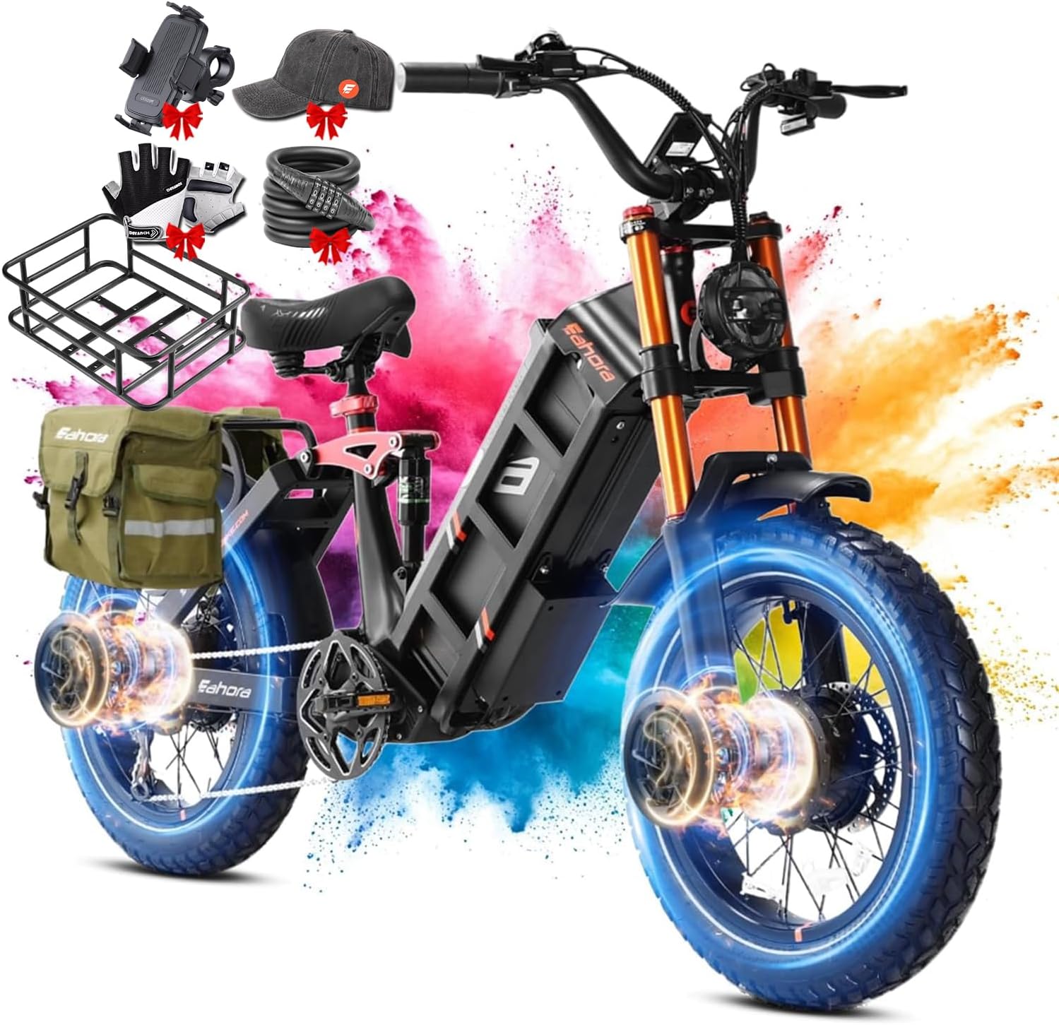 Dual-Motor All-Terrain Electric Mountain Bike for Adults – 5400W Peak Dual Hub Motors, 60V 70Ah Ultra-Long Range Battery, 43 MPH, Full Suspension, 4-Piston Hydraulic Disc Brakes