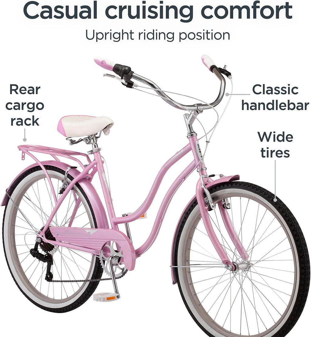 Classic 26-Inch Comfort Beach Cruiser Bike – 7-Speed Upright Commuter Bicycle for Adults (Quilted Comfort Seat, Linear Pull Brakes, Front & Rear Fenders)