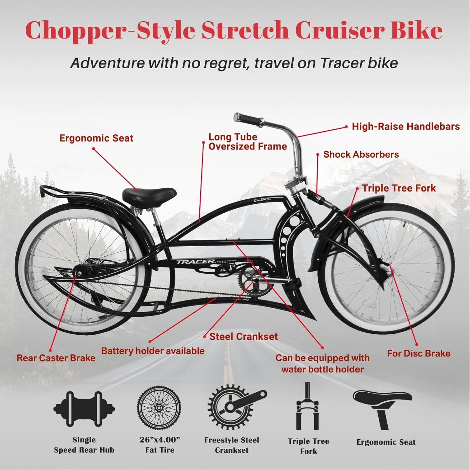 Custom Lowrider Stretch Chopper Bicycle - 26-Inch