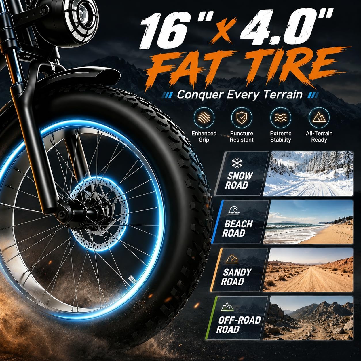 1000W Peak Power Electric Mountain Bike | 20+ MPH 16" Fat Tire E-Bike