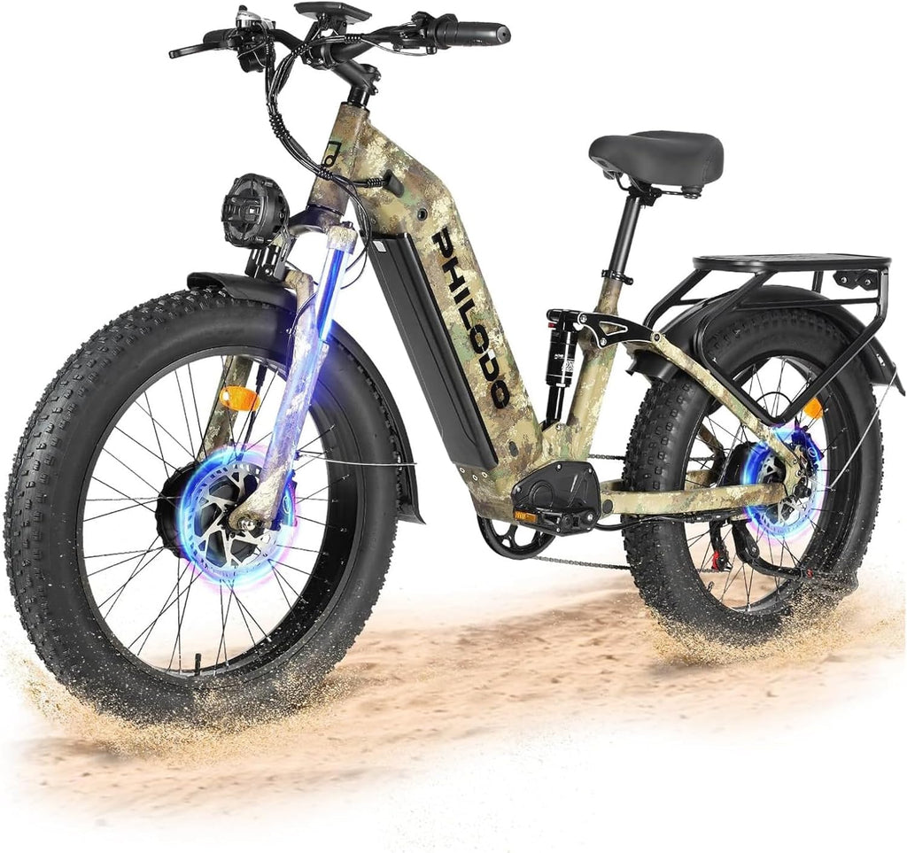 Electric Bike - Dual Motor Hunting Ebike, Fat Tire Full Suspension Dirt Bike for Adults, Long Range Snow/Sand Electric Bicycle