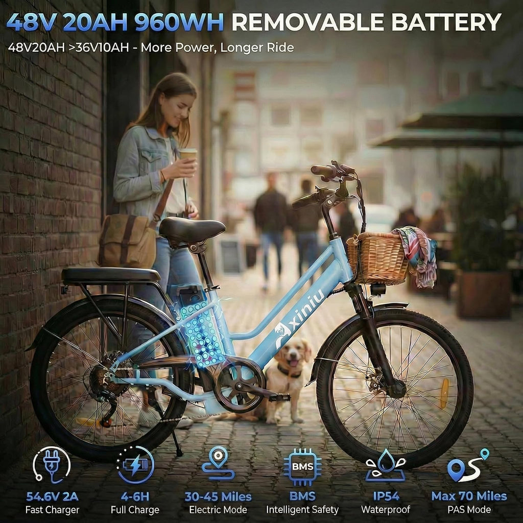 Peak 1000W Step-Through City Cruiser Electric Bike for Adults – 24" Commuter E-Bike with Removable 48V 20Ah Battery & Dual Shock Absorbers