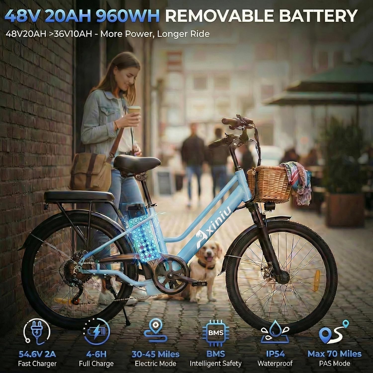 Peak 1000W Step-Through City Cruiser Electric Bike for Adults – 24" Commuter E-Bike with Removable 48V 20Ah Battery & Dual Shock Absorbers