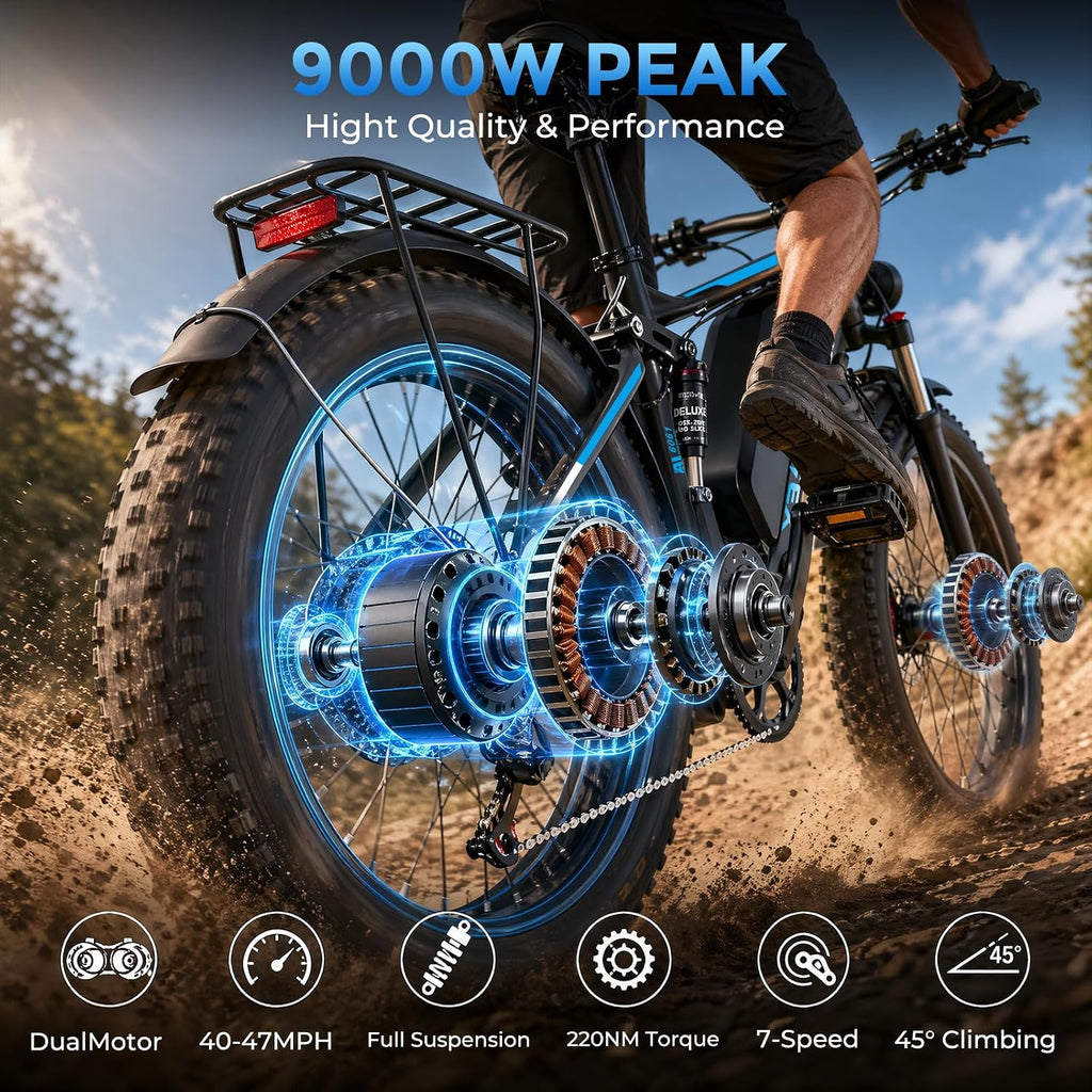 24" Dual Motor All-Terrain Electric Bike – 9000W Peak High-Performance Off-Road Mountain E-Bike