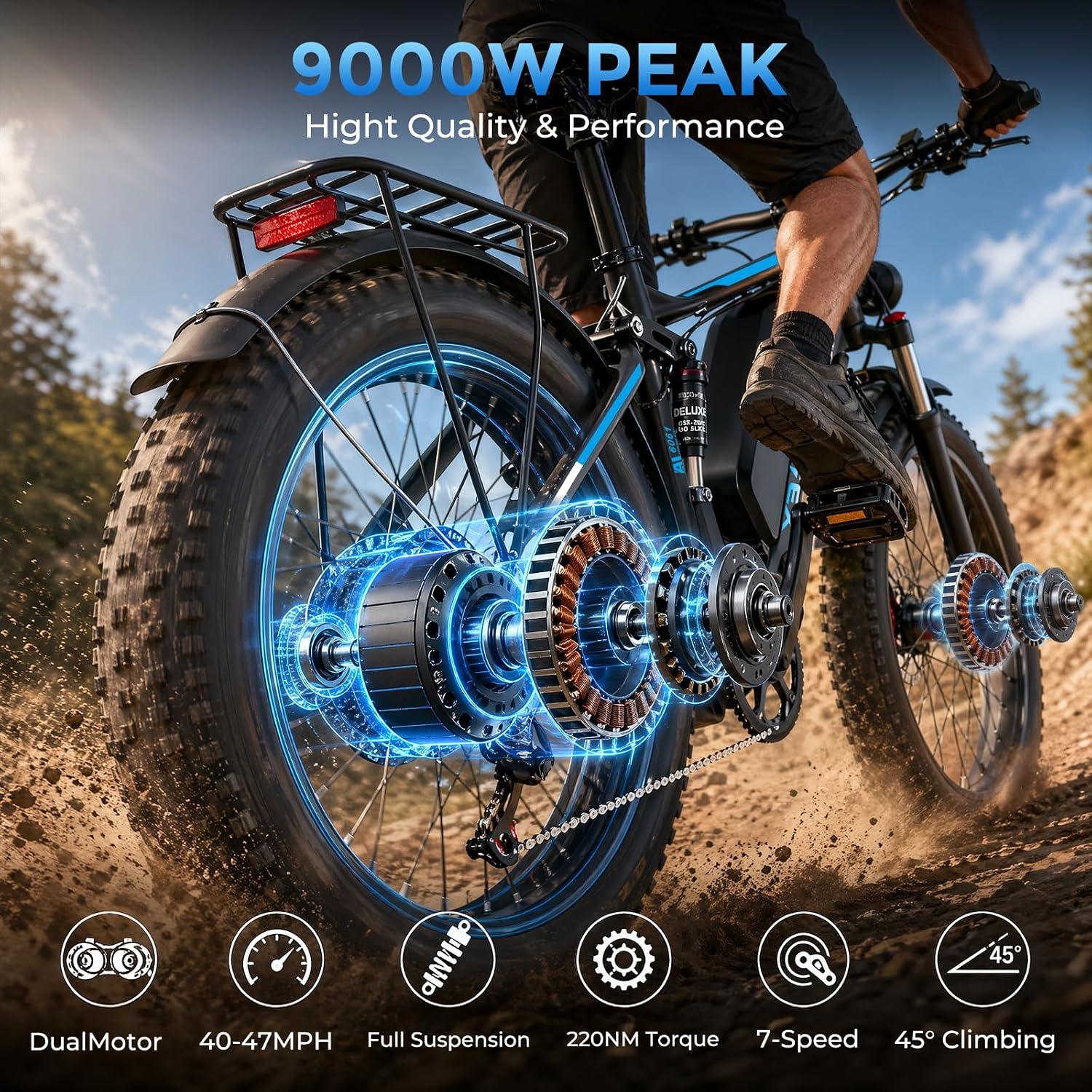 24" Dual Motor All-Terrain Electric Bike – 9000W Peak High-Performance Off-Road Mountain E-Bike
