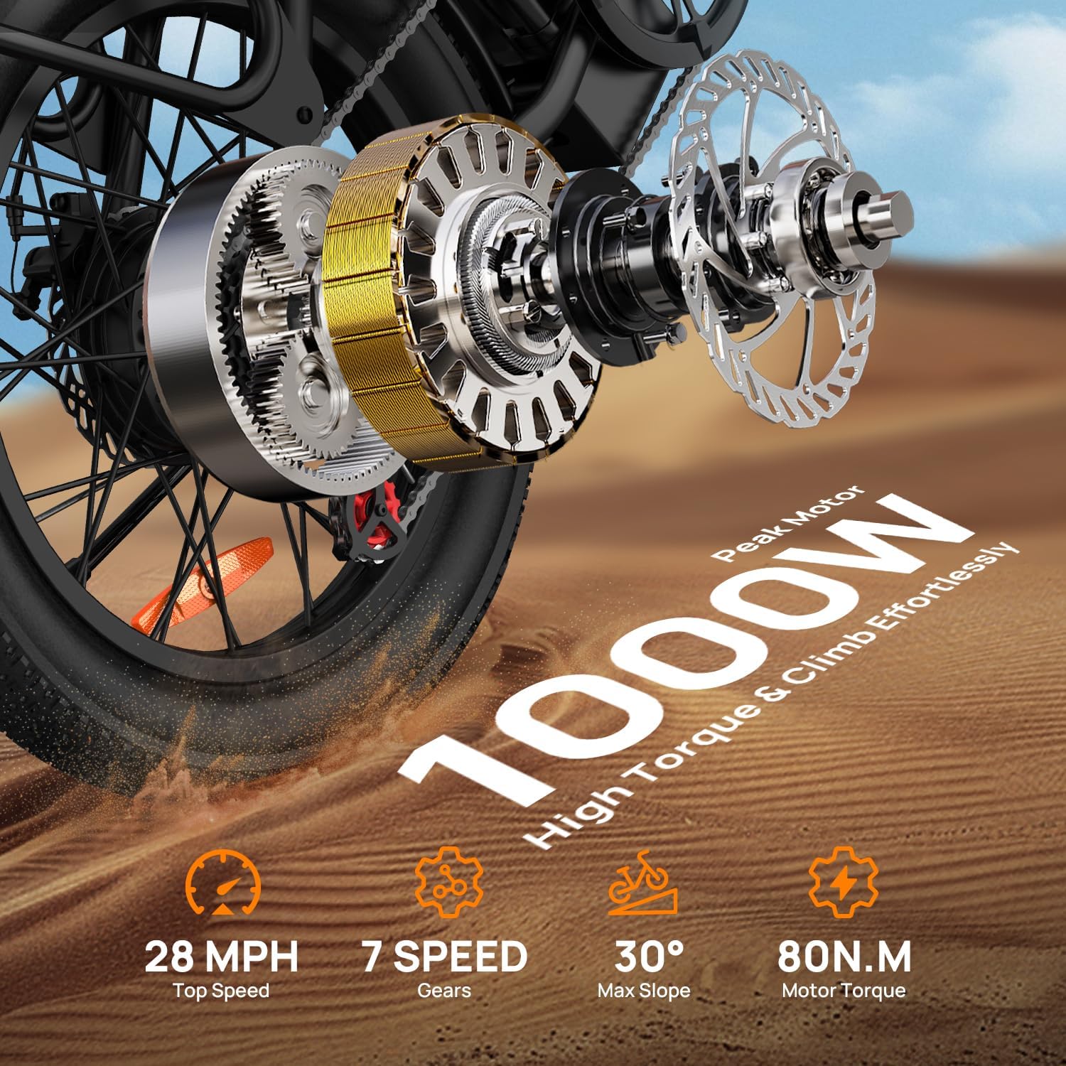 20"*3.0 Fat Tire Electric Bike for Adults, 48V, 80-Mile, 7-Speed & Suspension, Adjustable Seat for Adults and Teens