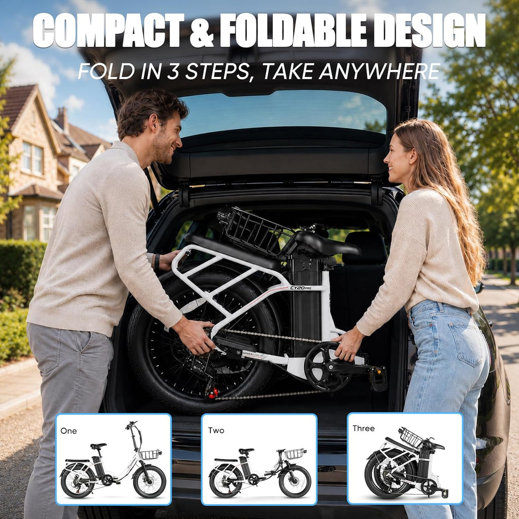20" Folding Utility Electric Bike | 1200W Peak, 48V 13Ah Removable Battery, 20 MPH Commuter E-Bike with Cargo Basket & Rear Cushion Seat