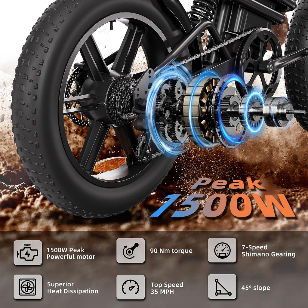 Smart 20" Fat Tire All-Terrain Electric Bike – 1500W Peak Motor, 35MPH Max Speed, 52V 25Ah Removable Battery, NFC/Password Start (UL2849 Certified)