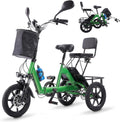 Folding Step-Thru 3-Wheel Electric Trike with 2 Seats | Peak 500W Brushless Motor E-Tricycle | 480Wh Removable Power, 45-Mile Range & Rear Passenger Bench