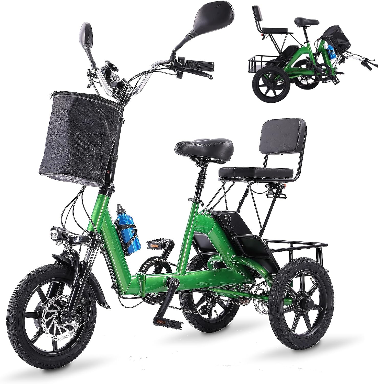 Folding Step-Thru 3-Wheel Electric Trike with 2 Seats | Peak 500W Brushless Motor E-Tricycle | 480Wh Removable Power, 45-Mile Range & Rear Passenger Bench