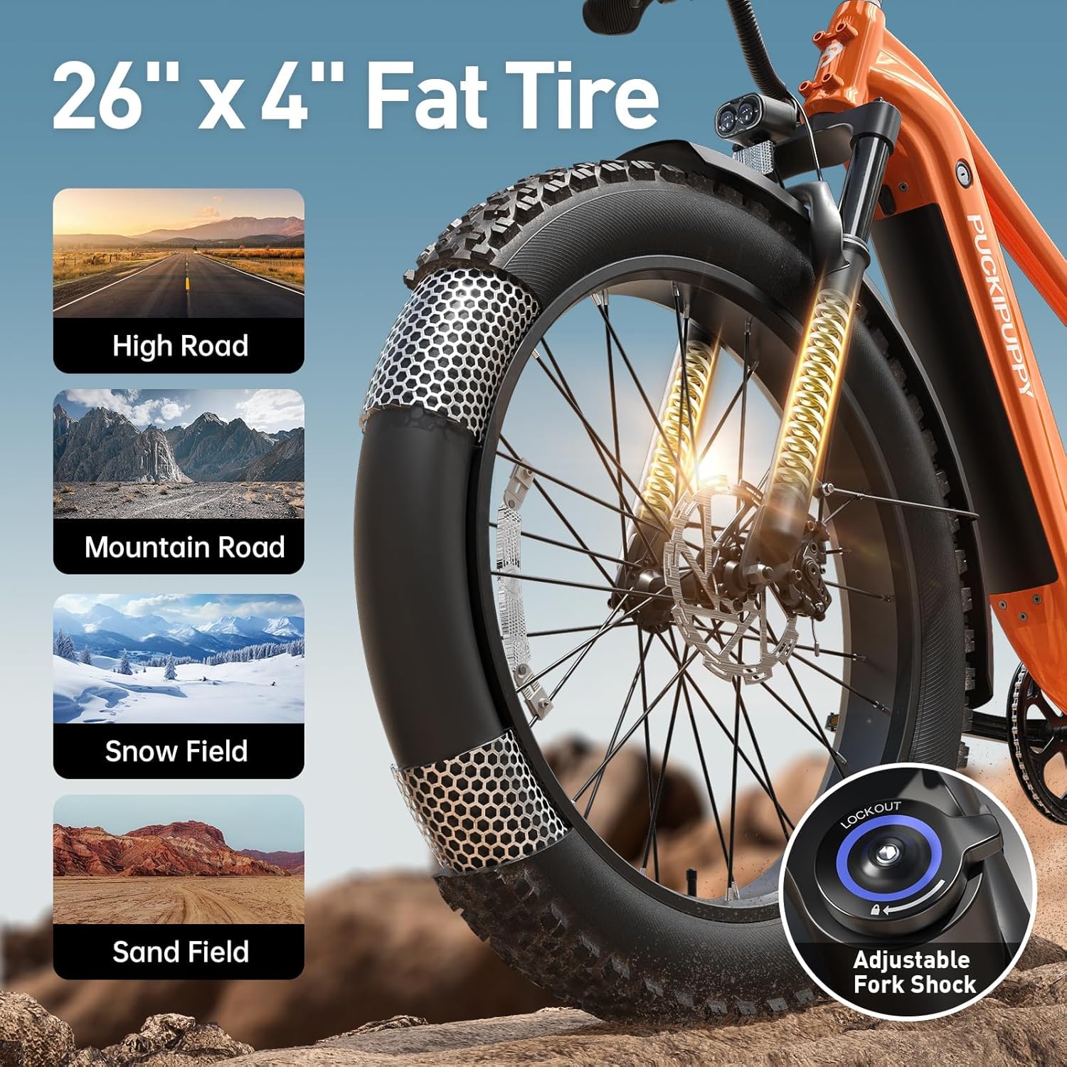 26" All-Terrain Fat Tire Electric Mountain Bike – 960W Peak, 48V 15Ah Removable Battery (28MPH with Rear Cargo Rack)
