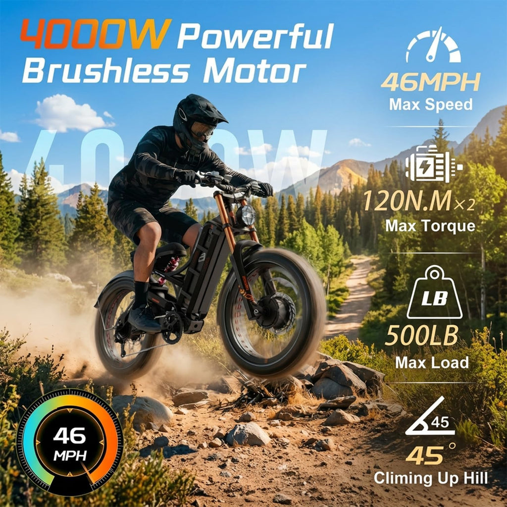 60V Dual Motor Electric Bike | 6000W Peak Power & 300-Mile Max Range