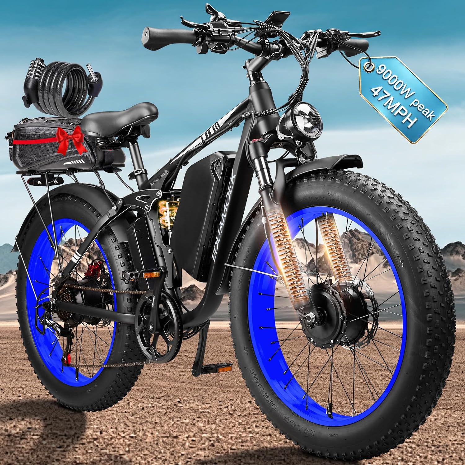 Dual Motor All-Terrain Electric Bike | 9000W Peak, 58V 34Ah Long-Range Battery, 46 MPH Full Suspension Fat Tire E-Bike