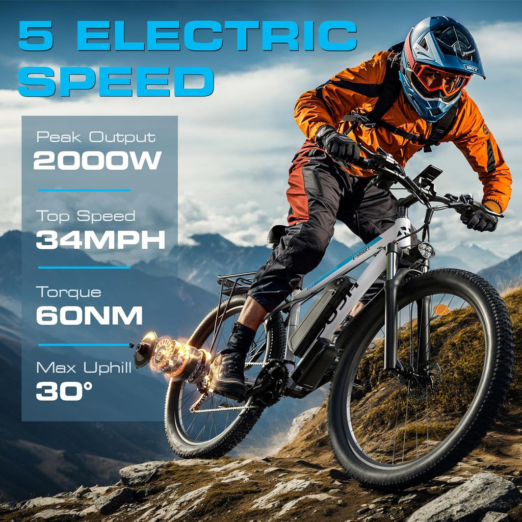 29" All-Terrain Electric Bike – 2000W Peak Motor, 34MPH Max Speed, 48V 17.5Ah Removable Battery, Full-Size Commuter & Trail E-Bike