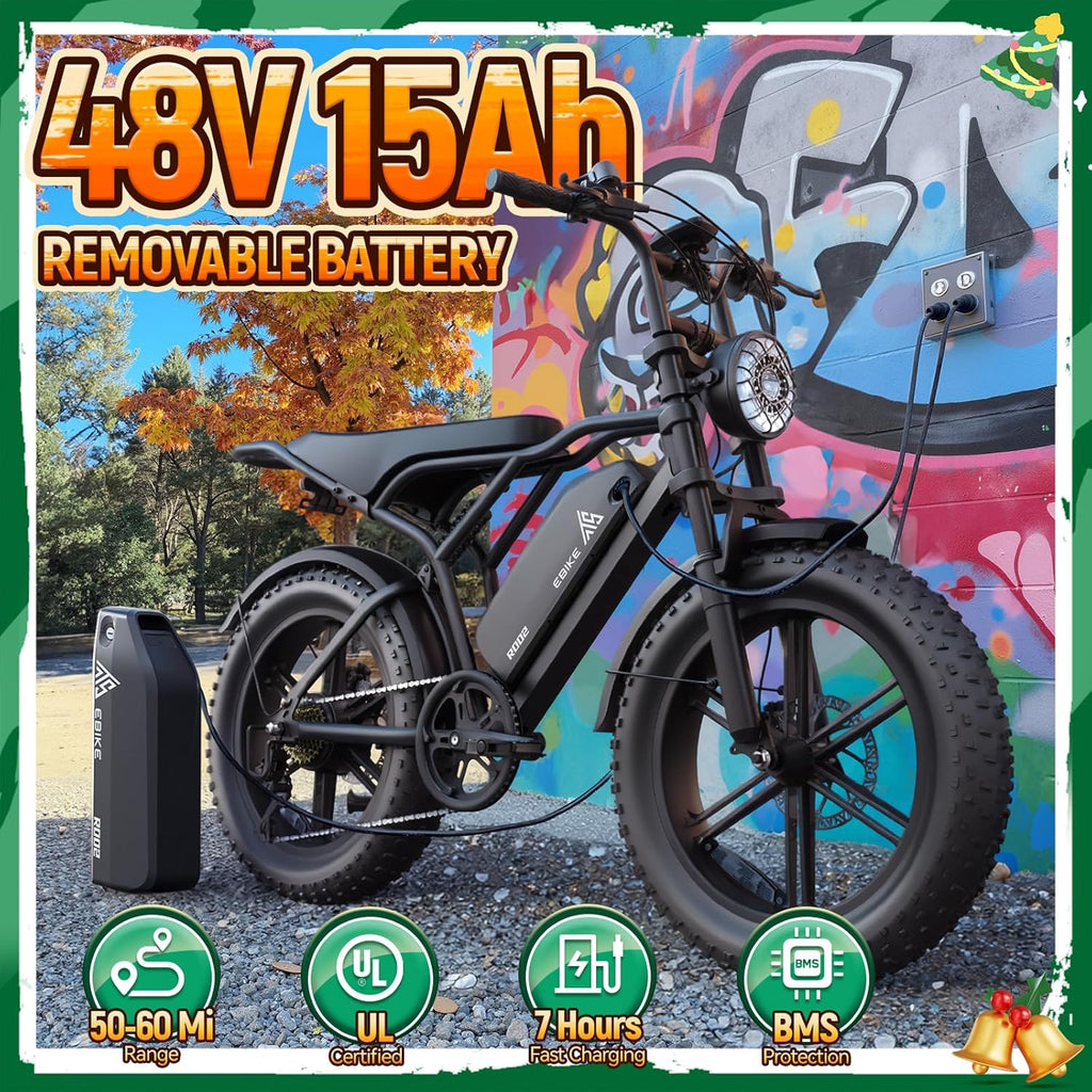 Electric Bike for Adults, 1500W Peak Motor 60 Miles Fat Tire Ebike with 48V 15Ah