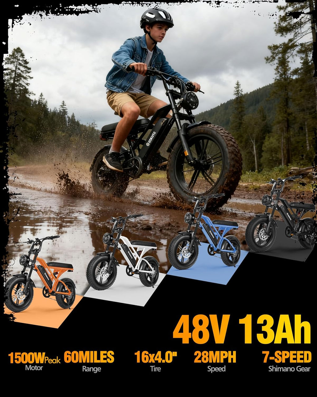 Electric Bike for Adults, Electric Dirt Bike 1500W Peak Motor, All Terrain Dual Suspension