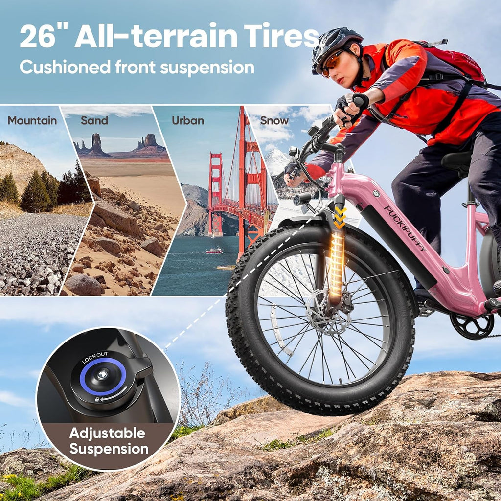 All-Terrain Step-Through Electric Hunting Bike – 960W Peak Power Off-Road E-Bike for Adults (28MPH, 48V 15Ah Removable Battery, 26" Fat Tires, Integrated Rear Cargo Rack)