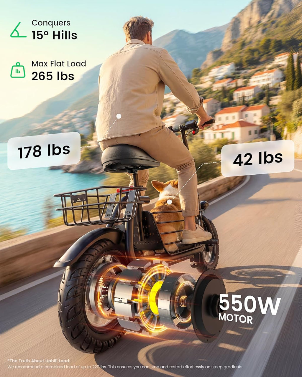 Electric Scooter with Seat for Adults - 550W Motor, Pet Basket