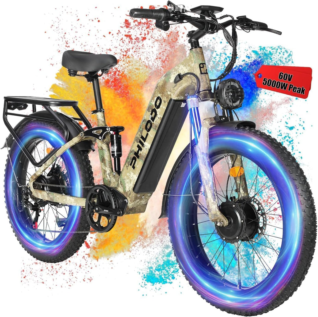 Electric Bike - Dual Motor Hunting Ebike, Fat Tire Full Suspension Dirt Bike for Adults, Long Range Snow/Sand Electric Bicycle