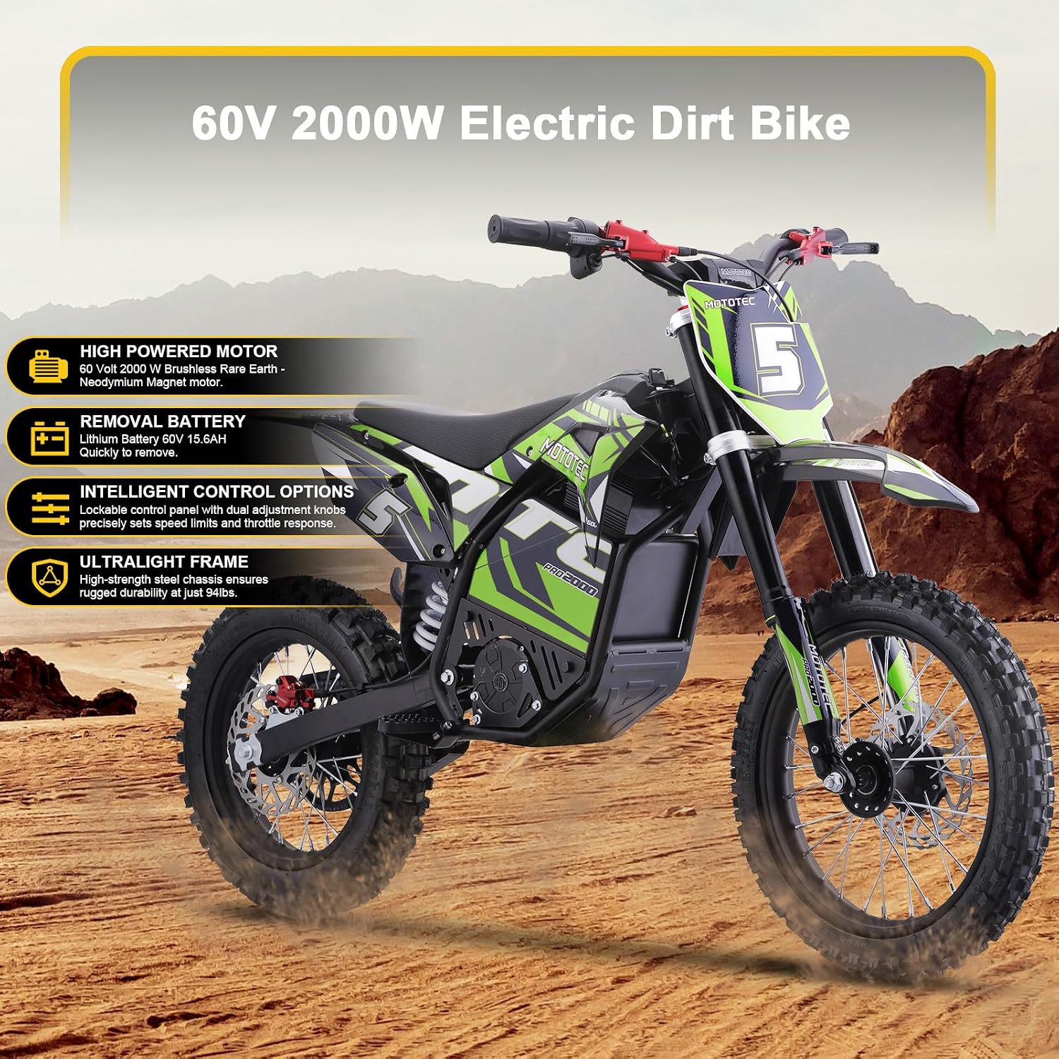 60V Pro Off-Road Electric Dirt Bike – 2000W High-Performance Lithium Motocross Bike