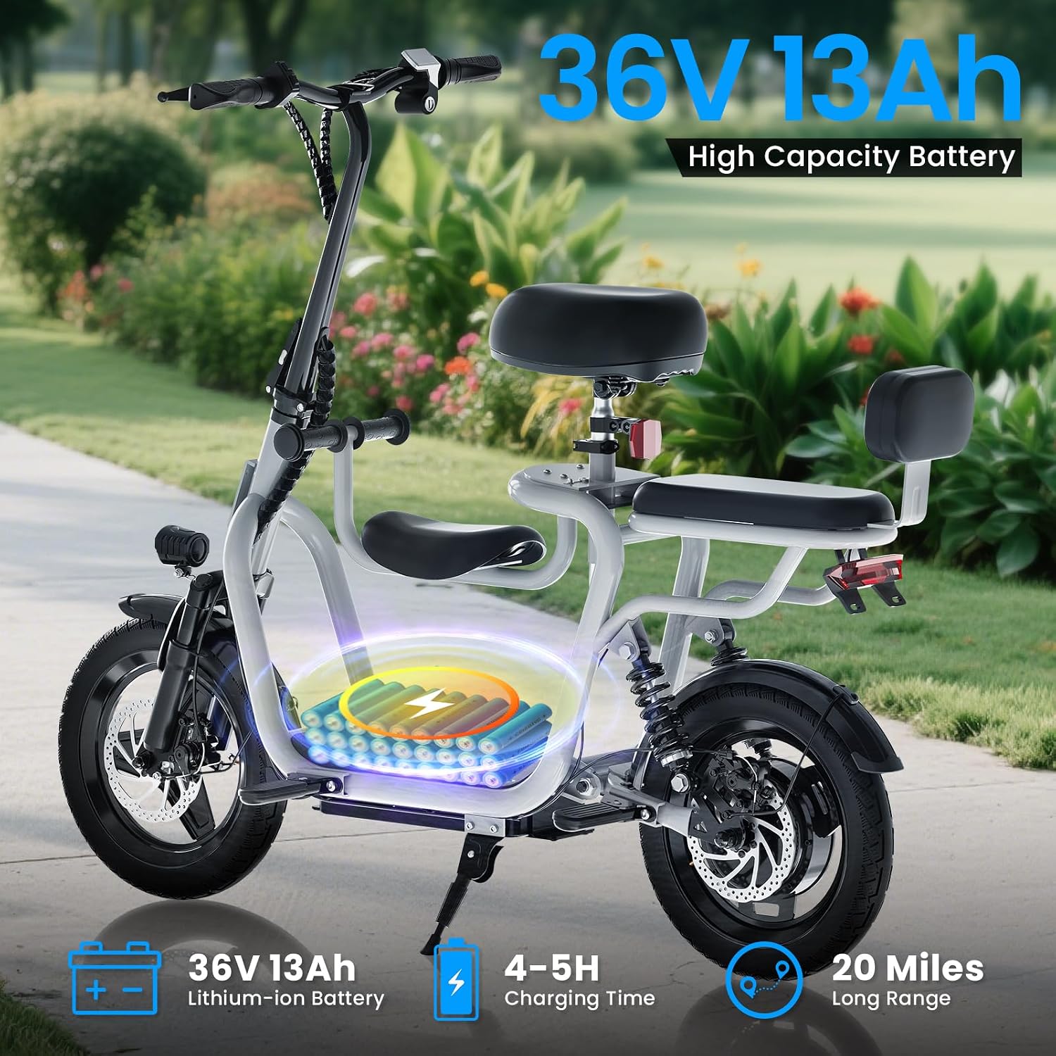 Electric Scooter with Seat for Adults - 500W Motor, 14" Pneumatic Tires, 17.4MPH & 20-Mile Range Commuter Electric Bicycle (Silver)