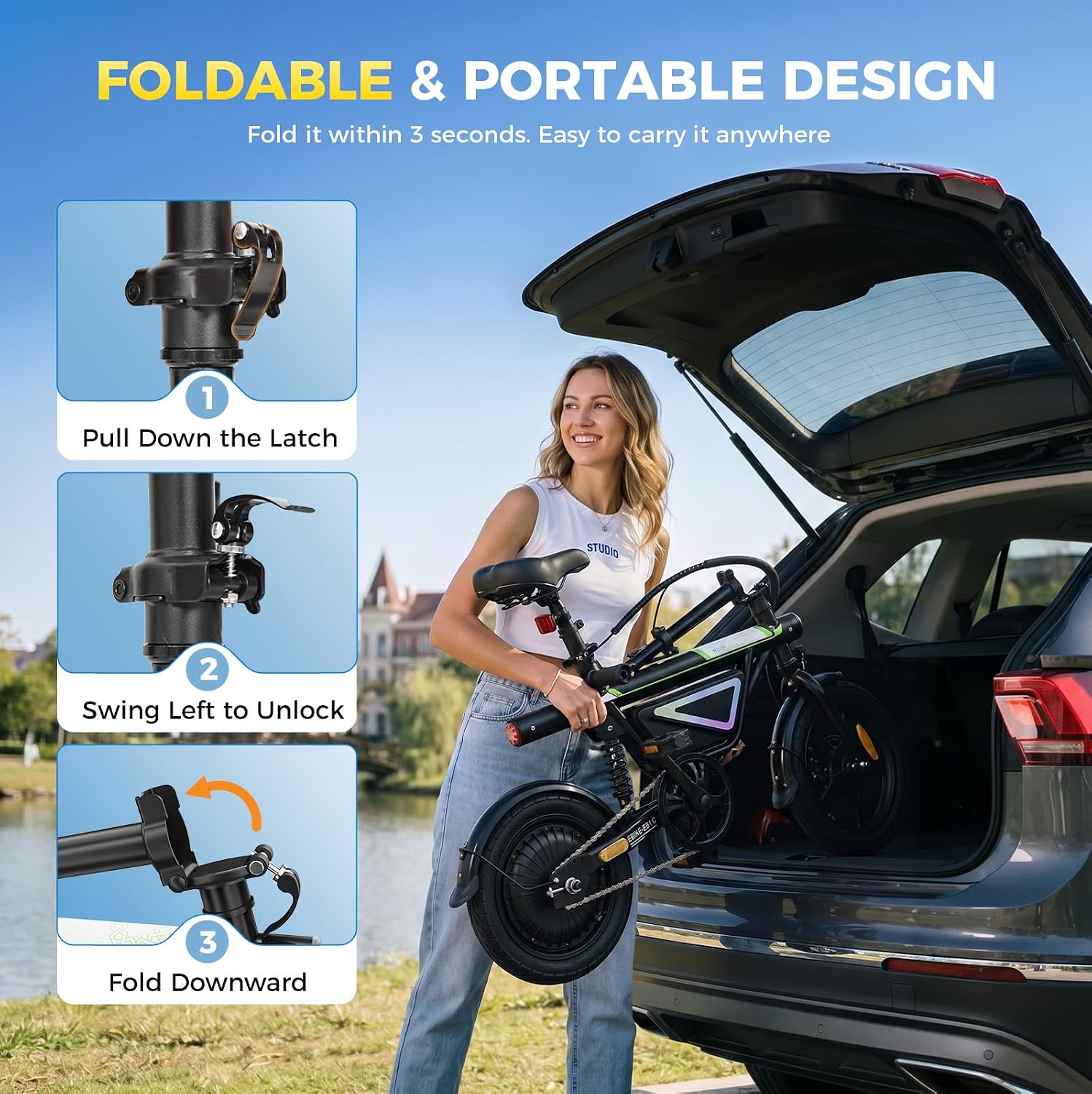 14" Folding Electric Bike for Adults | 500W Peak, 36V 7.8Ah Battery, 22 MPH Compact Commuter & Leisure E-Bike