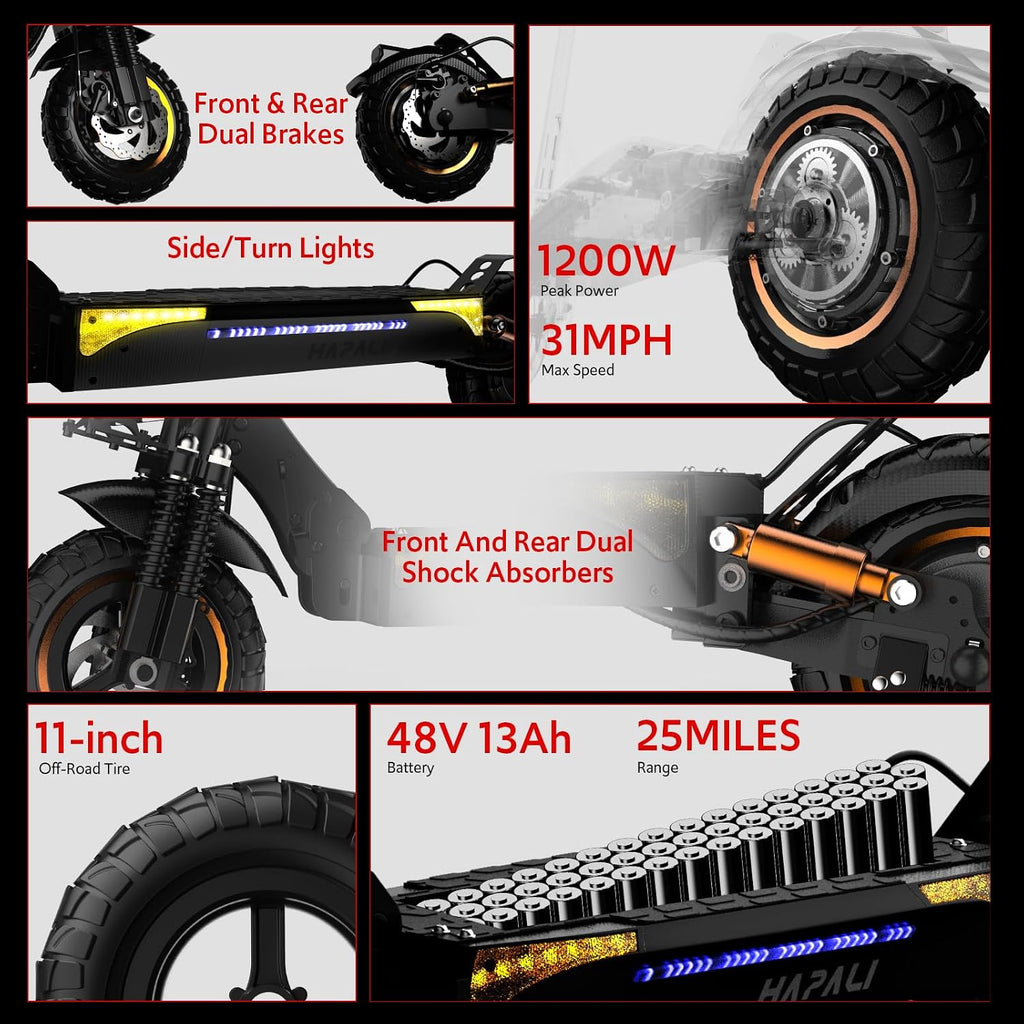 Off Road Electric Scooter, 1200W Motor, 31 MPH, 25-Mile Range, 11" All-Terrain Tires, E-Scooter for Adults with Double Suspension