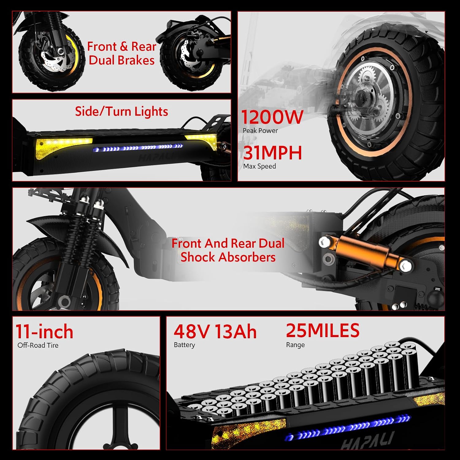 Off Road Electric Scooter, 1200W Motor, 31 MPH, 25-Mile Range, 11" All-Terrain Tires, E-Scooter for Adults with Double Suspension
