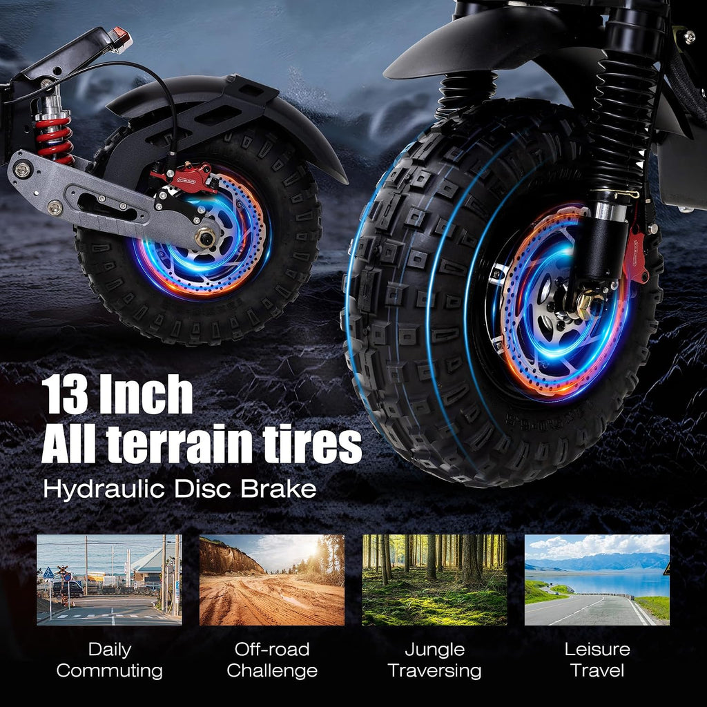 Electric Scooter Adult, 7000W Motor, 60V 33Ah Battery, 55 mph, Max 65 Miles Range, Hydraulic Suspension, Hydraulic Brakes, 13"All Terrain Tires, Adjustable Handlebar Height, Folding EScooter with Seat