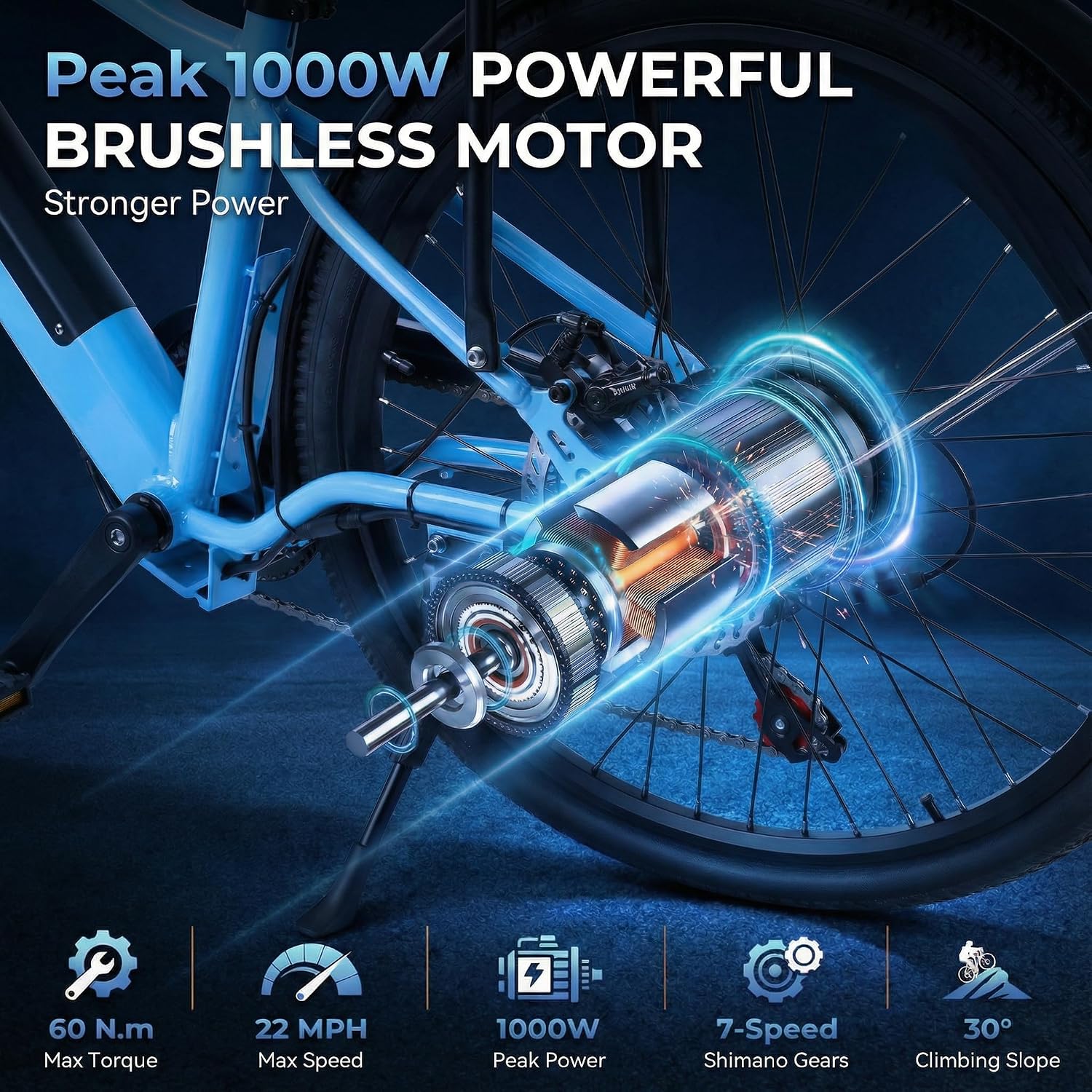 Peak 1000W Step-Through City Cruiser Electric Bike for Adults – 24" Commuter E-Bike with Removable 48V 20Ah Battery & Dual Shock Absorbers