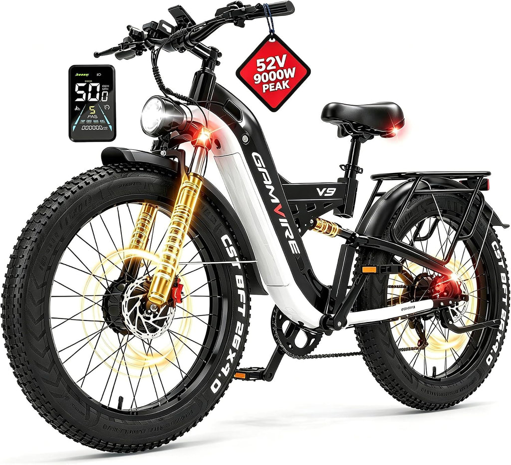 9000W Peak Dual Motor All-Terrain Fat Tire Electric Bike – 52V 30Ah, 55MPH Max Speed, Full Suspension Hydraulic E-Bicycle