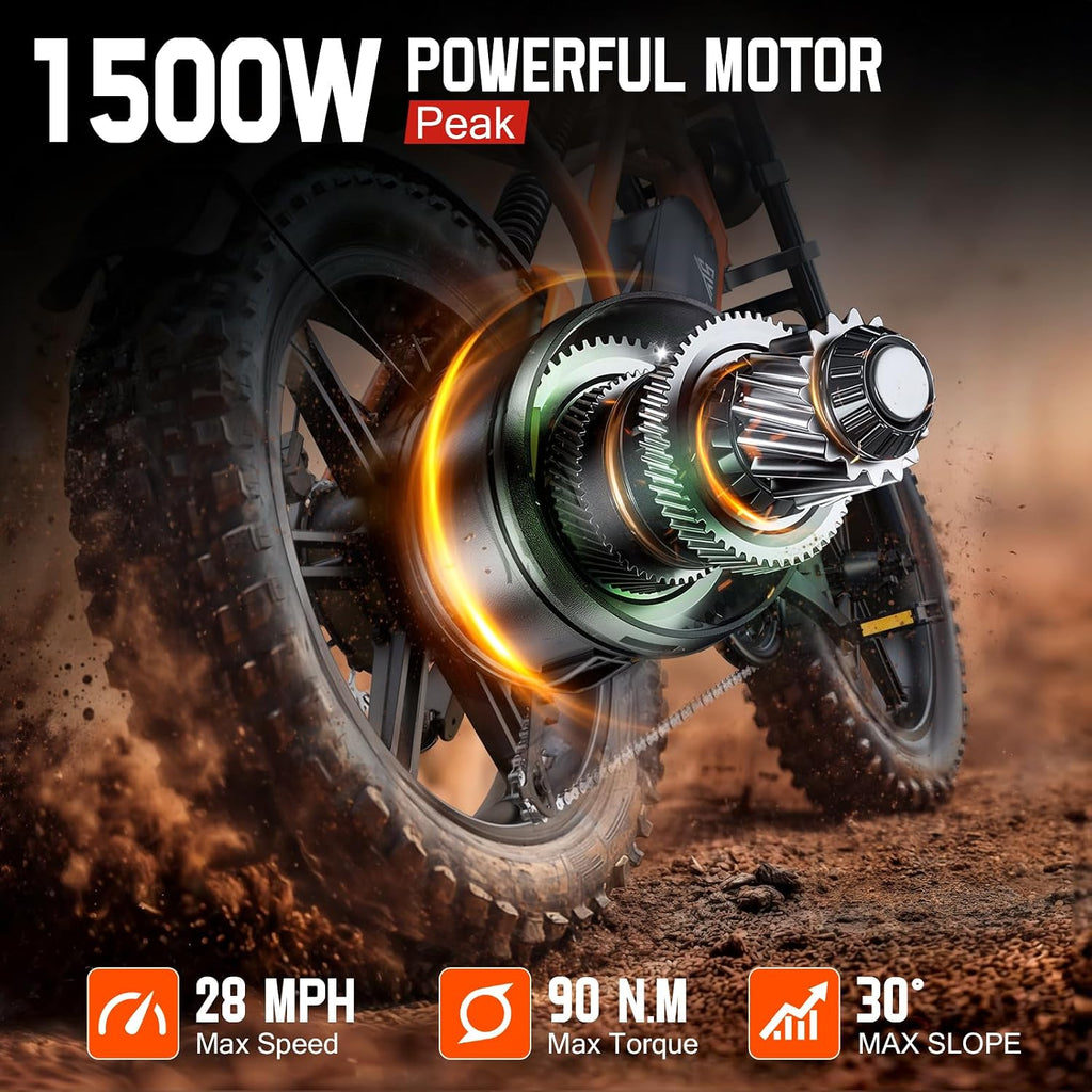 All-Terrain 20" Fat Tire Electric Dirt Bike – 1500W Peak Motor, Up to 110-Mile Range, 48V Removable Battery, Full Suspension Adult E-Bike (UL2849 Certified)
