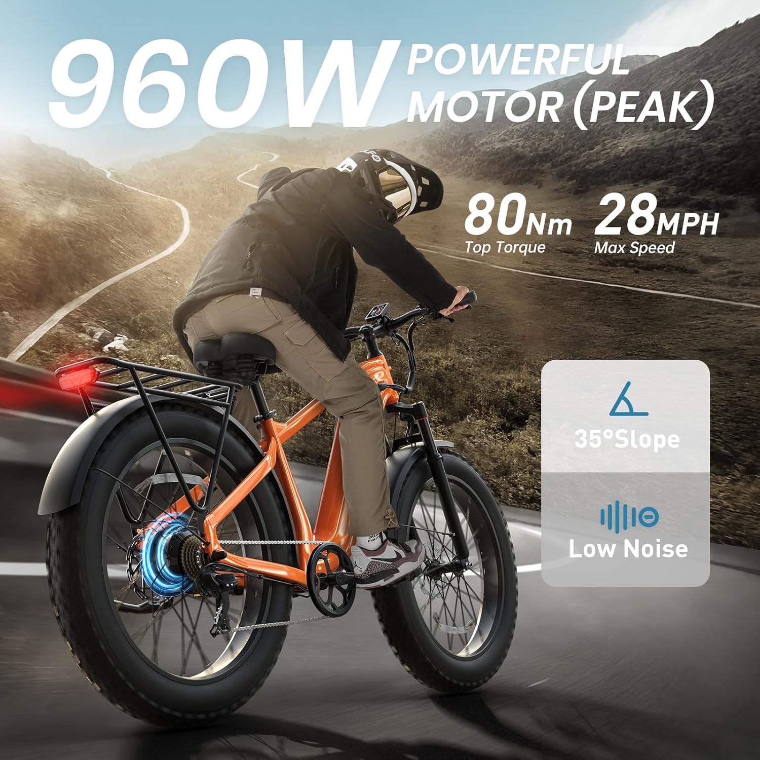 26" All-Terrain Fat Tire Electric Mountain Bike – 960W Peak, 48V 15Ah Removable Battery (28MPH with Rear Cargo Rack)
