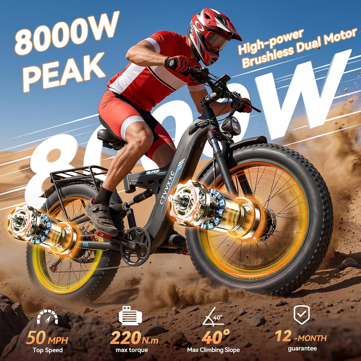 8000W Dual Motor Electric Bike – 26" All-Terrain Fat Tire E-Bike with Full Suspension