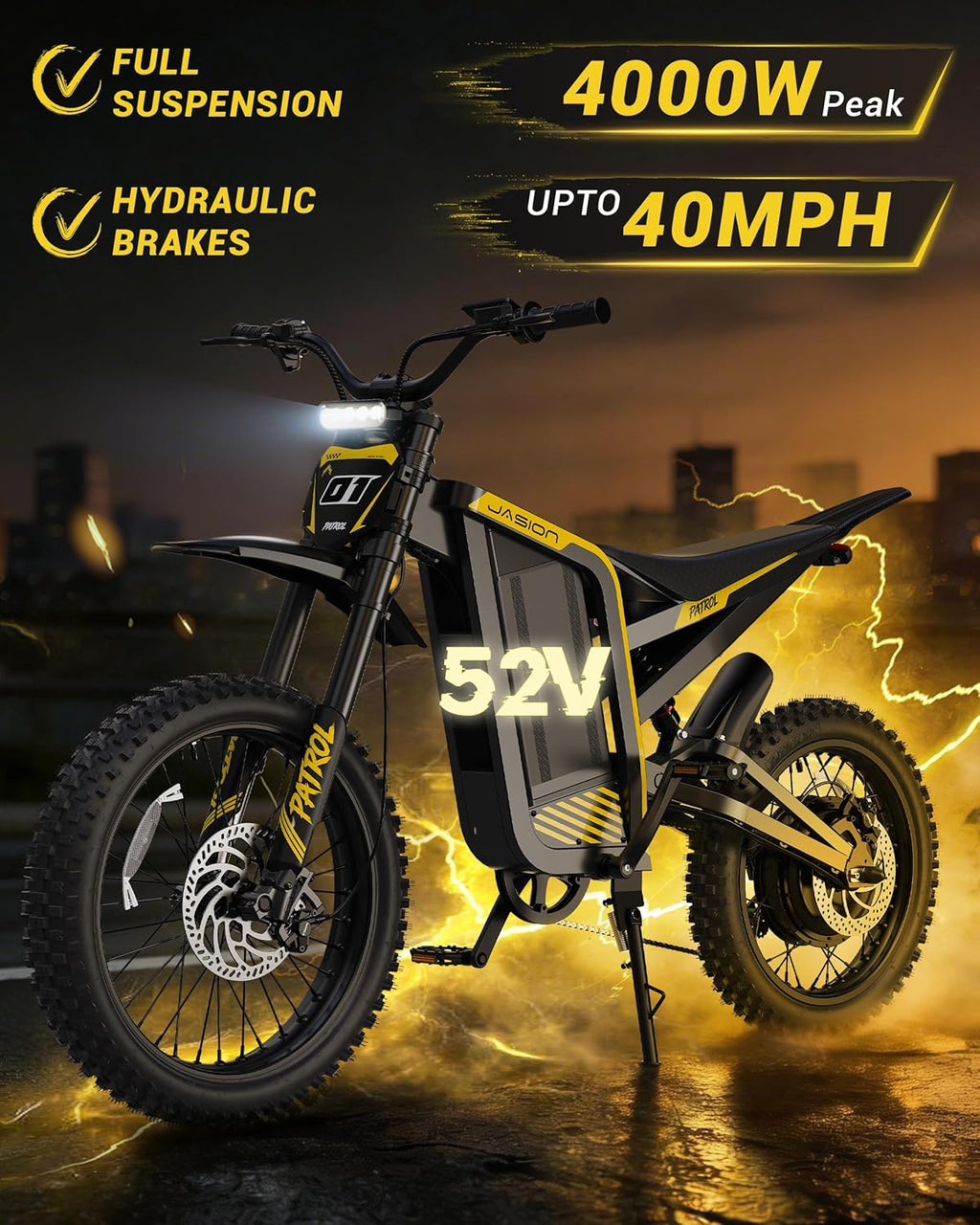 Electric Dirt Bike,4000W 40MPH E Bikes for Adults Electric,19''/17''Fat Tire Electric Motorcycle, 52V/30AH