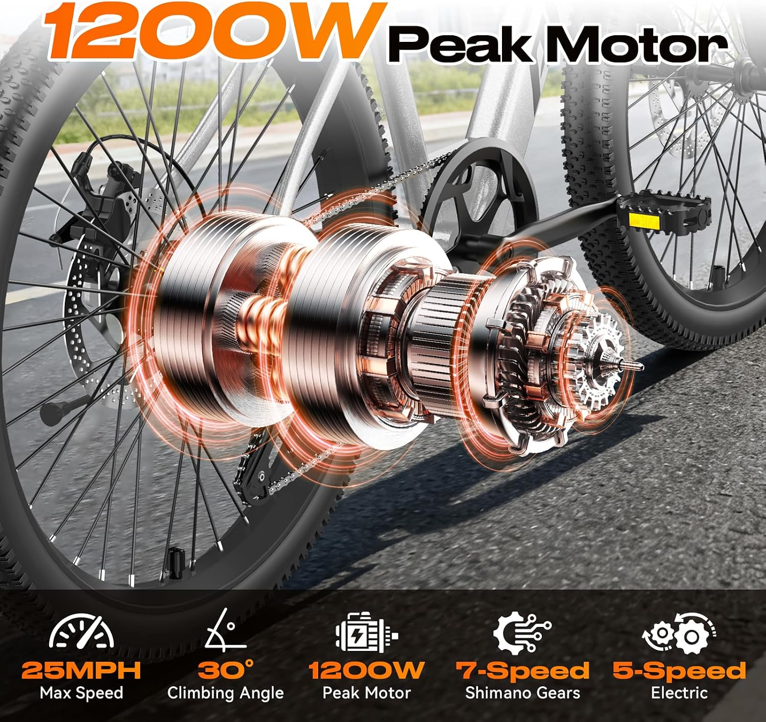 Silver All-Terrain Multi-Surface Electric Bike – 1200W Peak Power Commuter E-Bike for Adults (28MPH, Removable 13Ah Lithium Battery, 50-Mile Range, UL 2849 Certified, Trail & Snow Mountain Bicycle)
