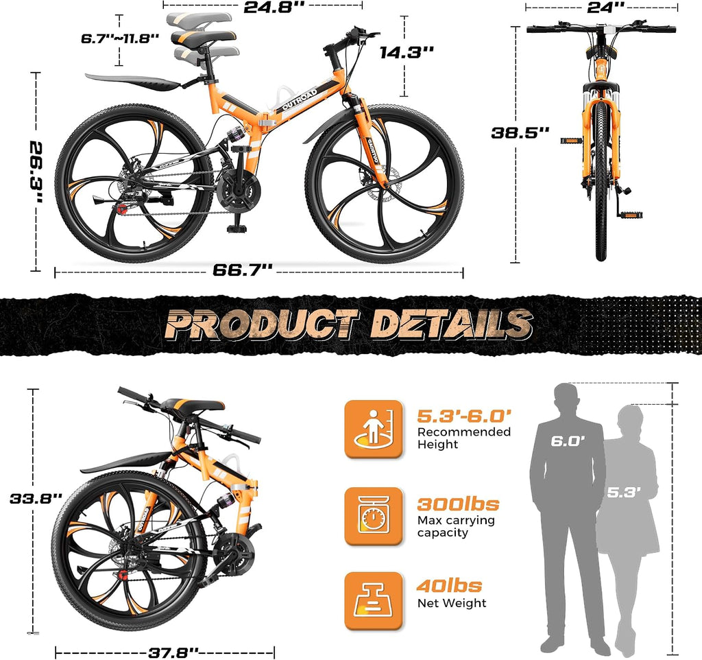 26" Folding Adult Mountain Bike | 21-Speed Full-Suspension MTB