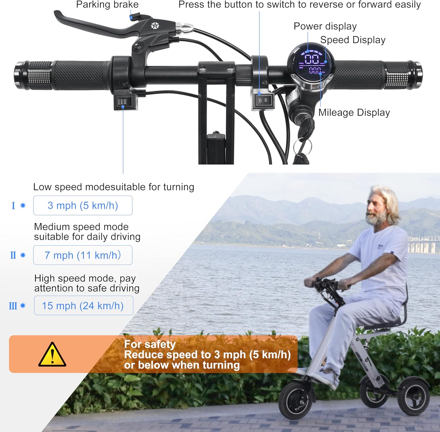 3-Wheel Foldable Electric Tricycle with Backrest Seat