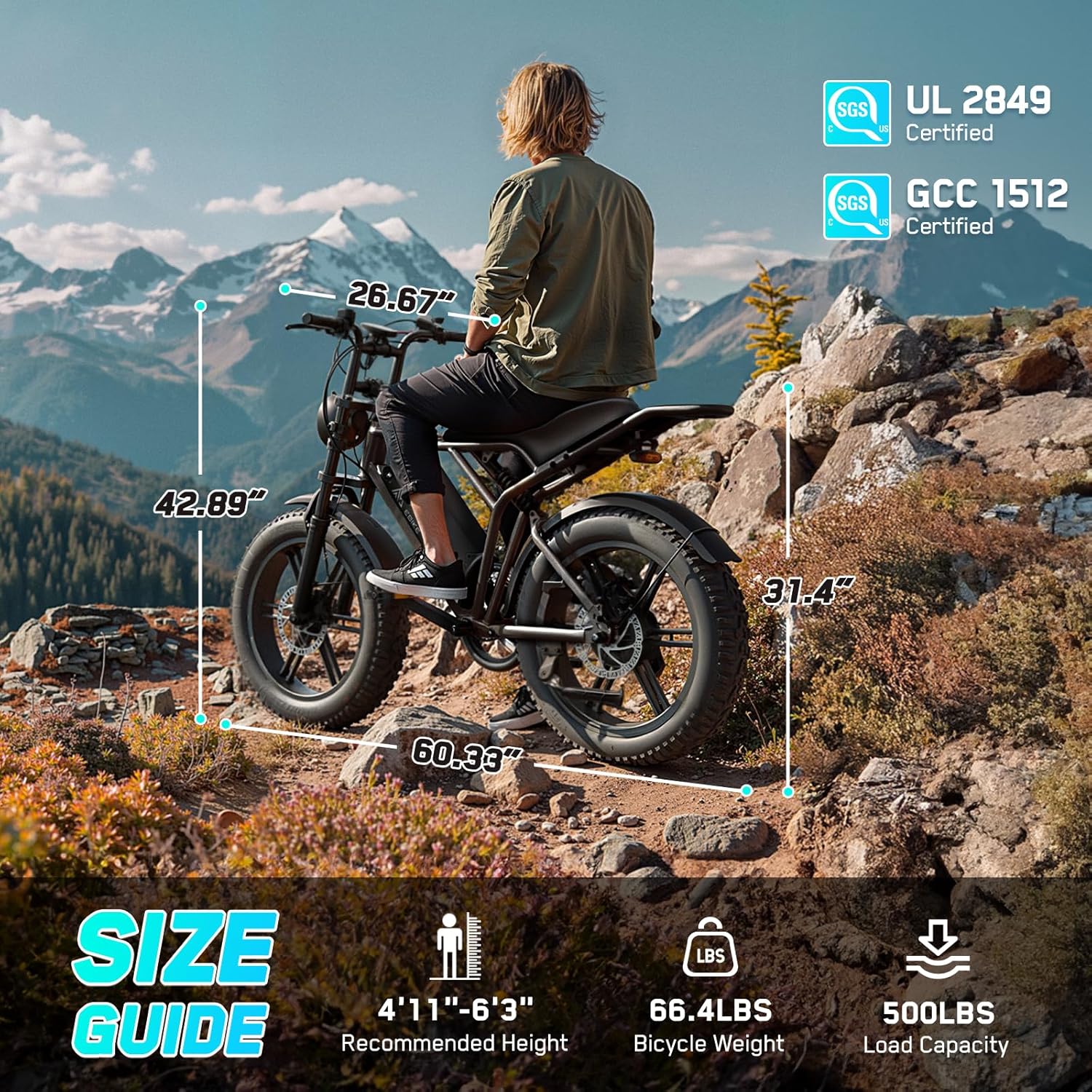 Electric Bike for Adults 1500W Peak 20" Fat Tire All-Terrain E-Bike 60/110 Miles Electric Dirt Bike - 48V 15/25 AH